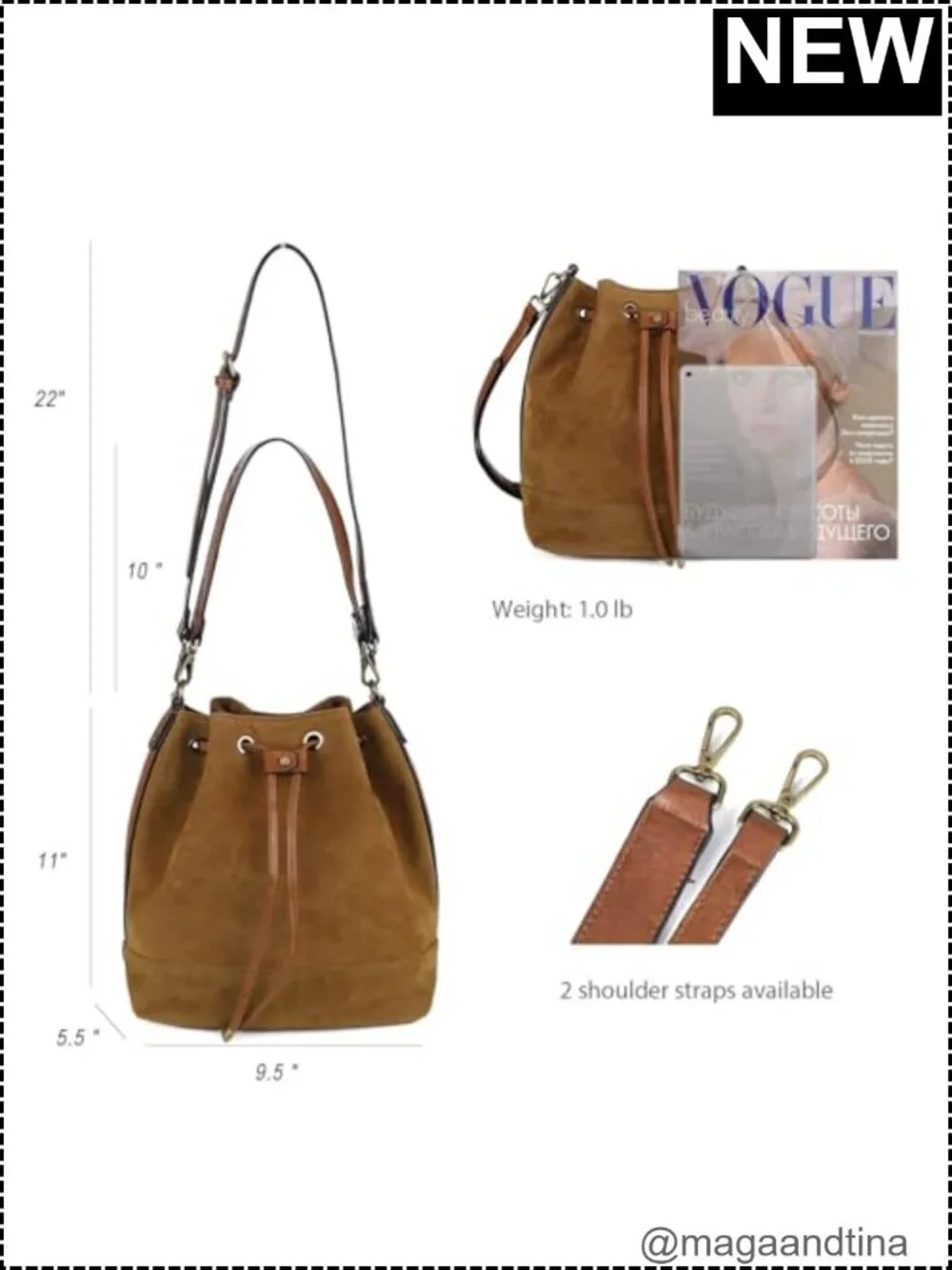 Vegan Suede Leather Bucket Bag for Women Slouchy Shoulder Purse with 2 Straps